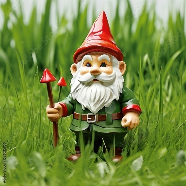 Fototapeta an AI Image Generator, Garden Gnome Statue in Tall Grass with Red Hat