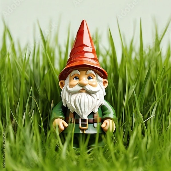 Fototapeta an AI Image Generator, Garden Gnome Statue in Tall Grass with Red Hat