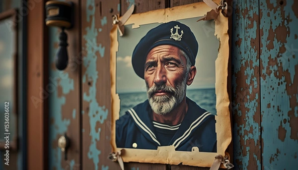 Obraz Portrait of a Vintage Sailor on Weathered Wood Wall with Ocean Backdrop