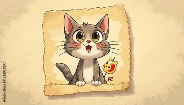 Obraz Cute Cartoon Cat Smiling with a Small Toy Illustration
