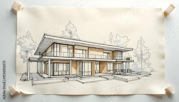 Obraz House Architectural Drawing Modern Home Sketch on Paper