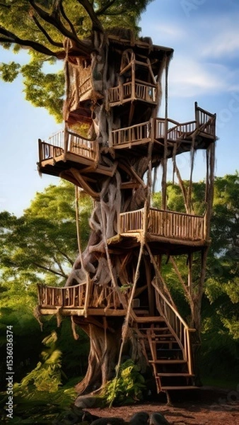 Fototapeta an AI Image Generator, a Lush Green Forest with Wooden Stairs