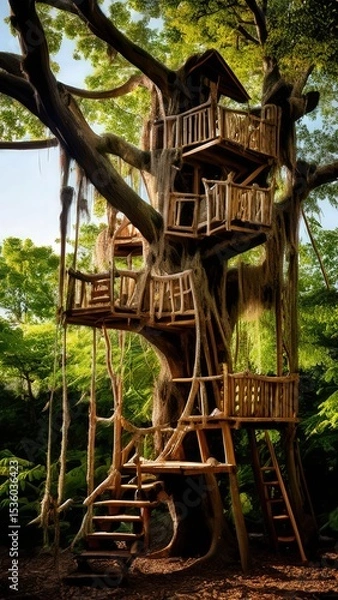 Fototapeta an AI Image Generator, a Lush Green Forest with Wooden Stairs