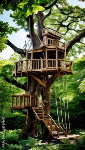 Fototapeta an AI Image Generator, a Lush Green Forest with Wooden Stairs