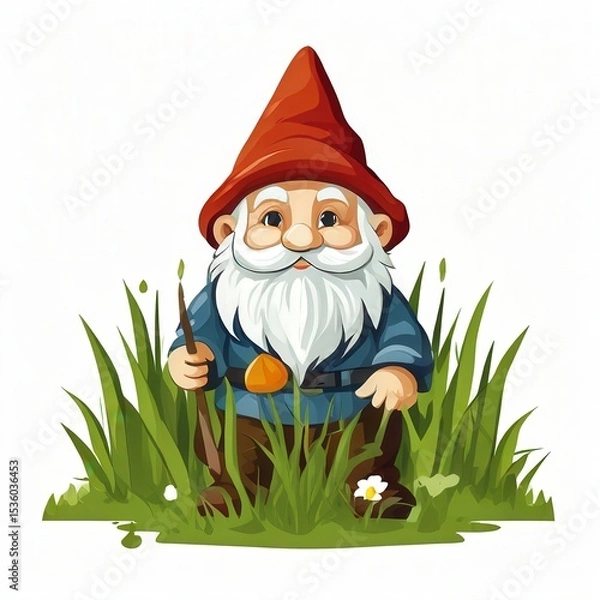 Fototapeta an AI Image Generator, Cheerful Garden Gnome Sitting in Decorative