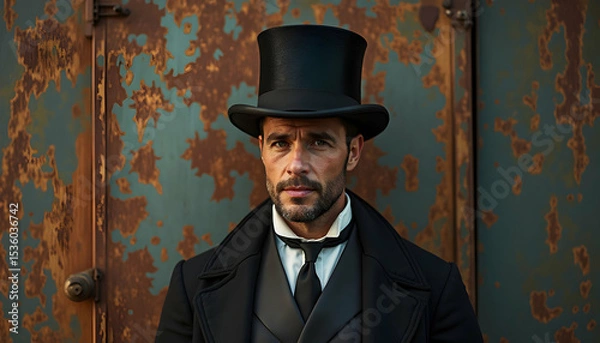 Obraz Man Wearing Top Hat and Formal Wear Stands Near Rusty Wall