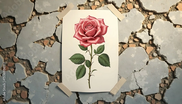 Obraz Rose Illustration Attached to Cracked Wall with Tape