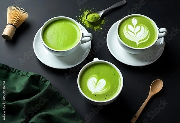 Fototapeta Generative AI Refreshing Matcha Latte Art Display on Dark Surface Still Life
