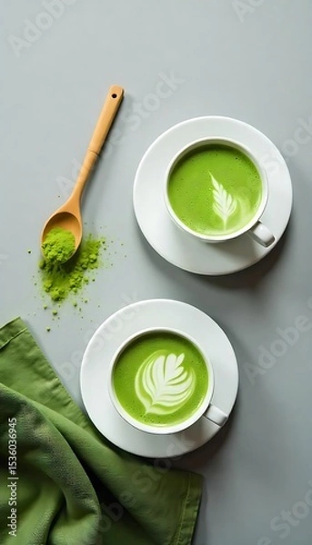 Obraz Generative AI Matcha latte art with wooden spoon and cloth top view