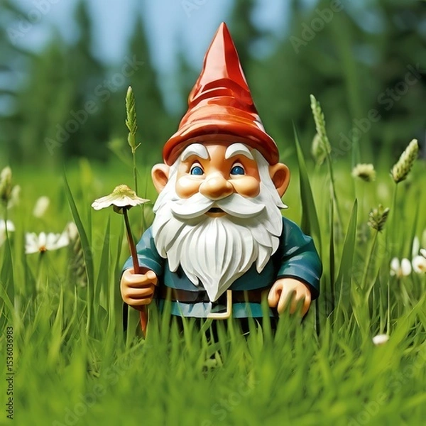 Fototapeta an AI Image Generator, Garden Gnome Statue in Tall Grass with Red Hat