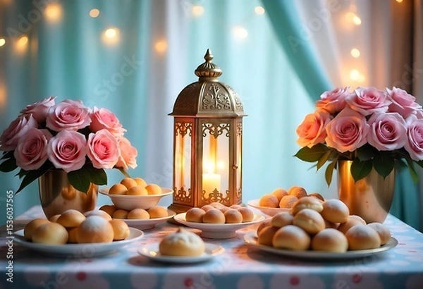 Obraz Generative AI crafted still life with lantern, roses and sweet treats