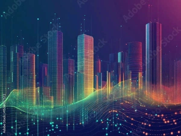 Fototapeta Futuristic city skyline, data visualization