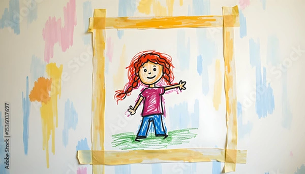 Obraz Child's Drawing of Person Taped on Colorful Wall