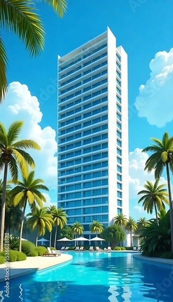Obraz Generative AI Stunning tropical resort with a high-rise building and azure pool
