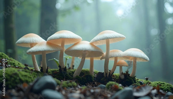 Obraz Mushrooms Growing in a Forest, Foggy Woodland Scene