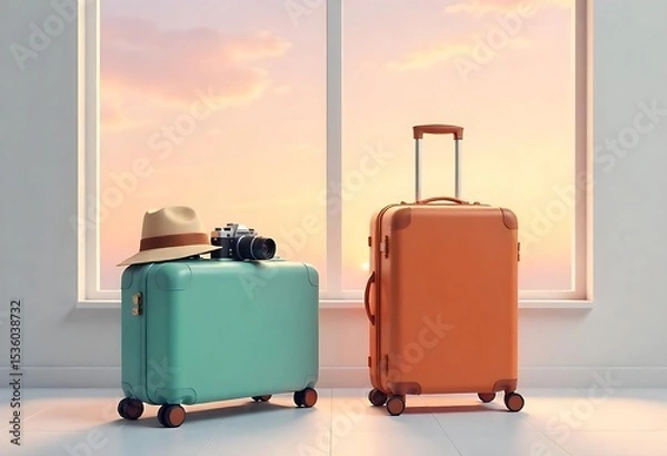 Obraz Generative AI Travel Ready: Suitcases Packed for Vacation near Sunset Window