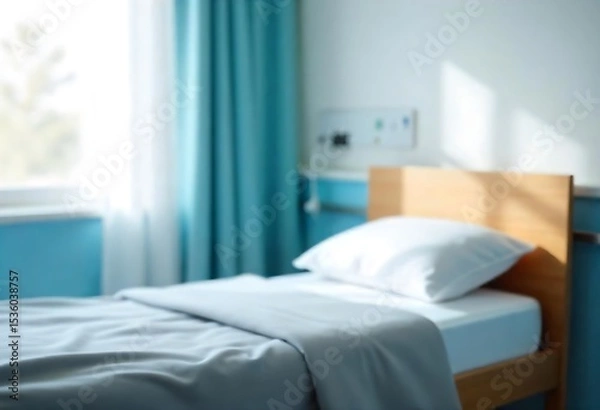 Obraz Generative AI A bright and clean hospital room showing a bed in a blur
