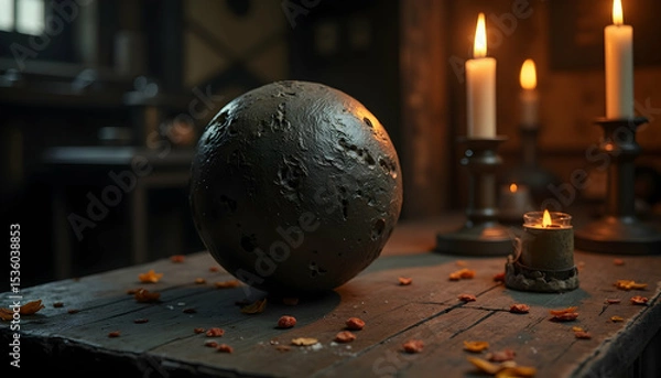 Obraz Atmospheric Still Life with Sphere and Candles on Wooden Table