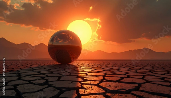 Obraz Sphere on Cracked Earth Landscape at Dramatic Sunset with Mountain Silhouette