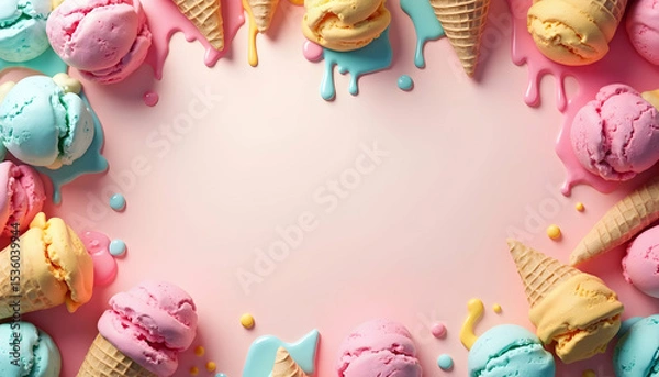 Obraz Ice Cream Scoops and Cones on Pink Background with Dripping Frosting