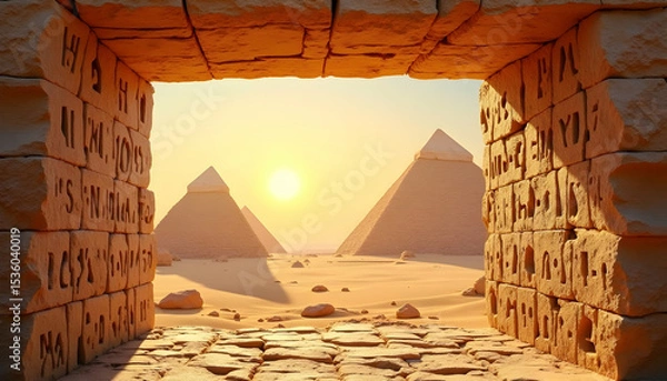 Obraz Pyramids Through Stone Archway at Sunset in the Desert