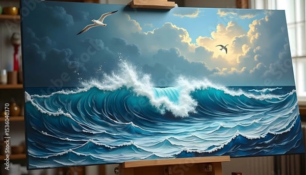Obraz Ocean Wave Painting on Easel with Birds and Cloudy Sky