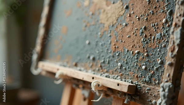 Fototapeta Distressed Artwork on Easel with Layered Texture and Muted Tones