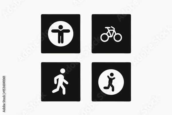 Fototapeta Simple Black and White Icon Set Walking, Running, Cycling, and Stretching