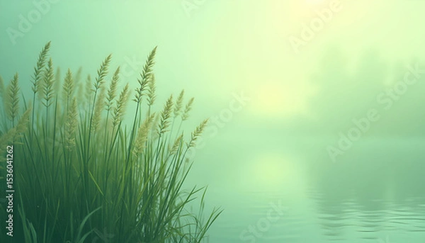 Obraz Grass Growing by a Calm Lake on a Misty Morning