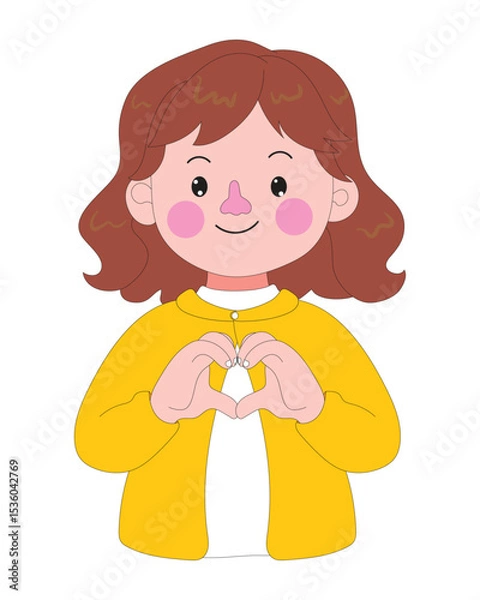 Fototapeta Flat vector of a cute cartoon girl smiling and making a heart shape with her hands. Kawaii character wearing yellow sweater. Ideal for love, happiness, and friendship themes.