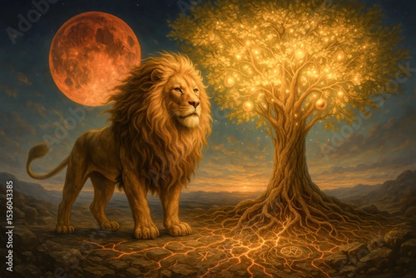 Obraz Lion of Judah with Tree of Life Beneath Blood Moon Biblical Fantasy


