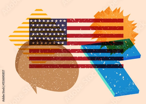 Fototapeta Risograph American Flag with speech bubble with geometric shapes. Objects in trendy riso graph print texture style design with geometry elements.