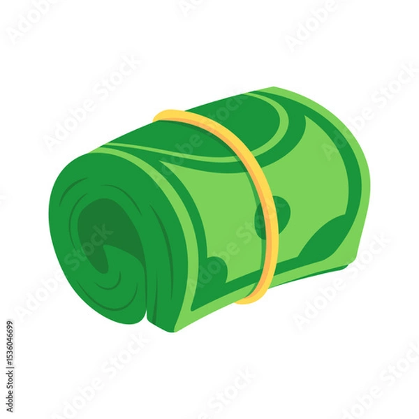 Obraz Rolled Stack of Green Dollar Bills with Rubber Band Isolated on White Background