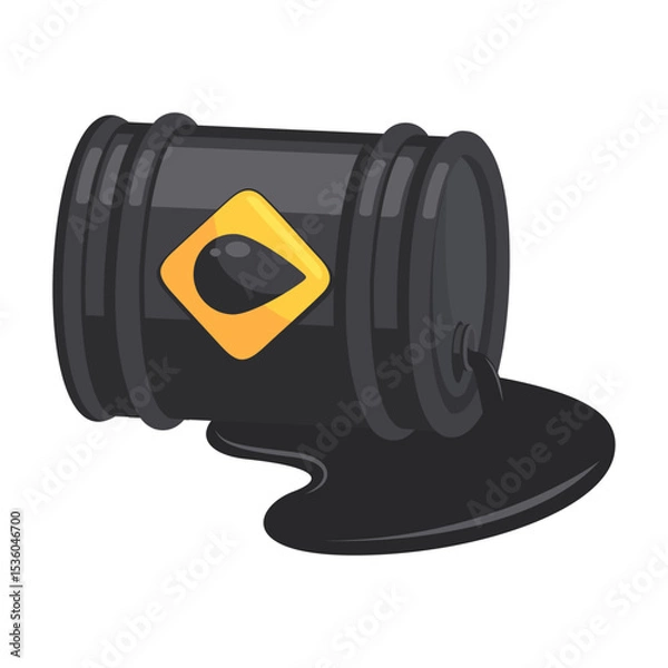 Obraz Vector Illustration of a Black Oil Barrel with Spilled Oil on White Background