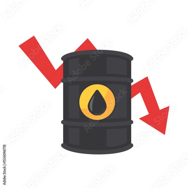 Obraz Oil Barrel with Downward Red Arrow Symbolizing Decrease in Oil Prices or Economic Decline on White Background