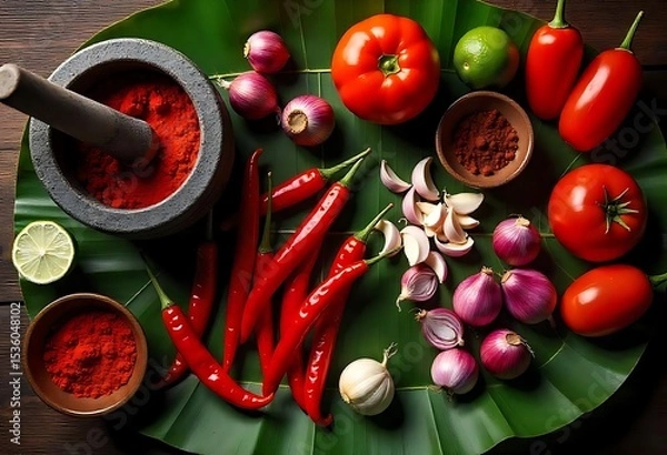Obraz Generative AI Culinary Harmony Still Life Red Peppers Mortar and Exotic Spices