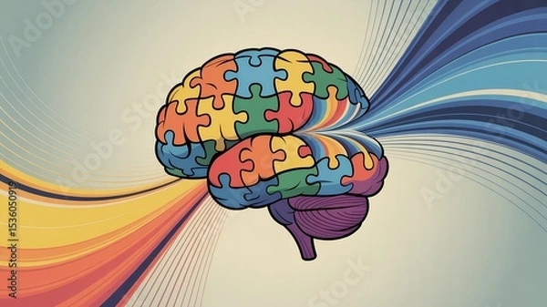 Fototapeta adhd, Puzzle Piece Brain with Colorful Streamlines: A Conceptual Illustration of Thought and Creativity
