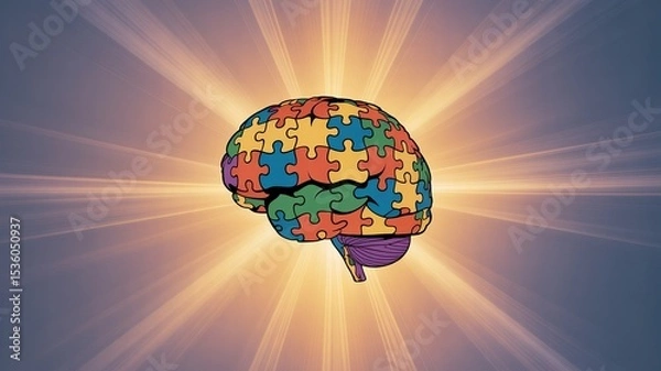 Fototapeta adhd, Colorful Puzzle Brain Representing Autism Awareness