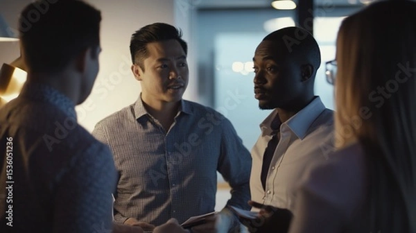 Fototapeta Four individuals engaged in a discussion indoors under artificial lighting during nighttime