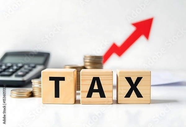 Obraz Generative AI Tax concept with wooden blocks and rising trend arrow