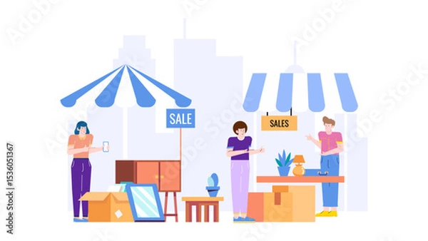 Obraz Bustling outdoor sales event features people shopping. Ideal for advertising events, promoting business, or illustrating consumer activity in a marketplace.