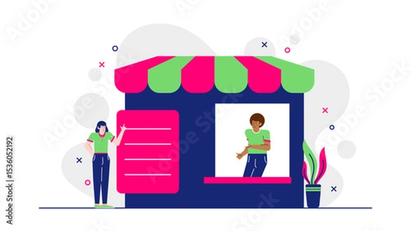 Obraz Storefront with a woman and a man shopping together. Suitable for retail, shopping, couple, relationship, urban lifestyle, and commercial concepts.