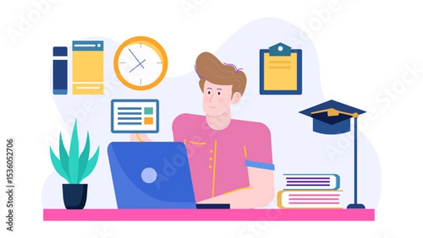 Obraz Student studying online at his desk. Perfect for educational websites, online learning platforms, eLearning courses, student blogs, and social media posts.