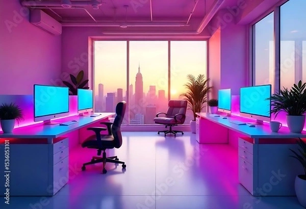 Obraz Generative AI presents a futuristic office bathed in neon light overlooking cityscape