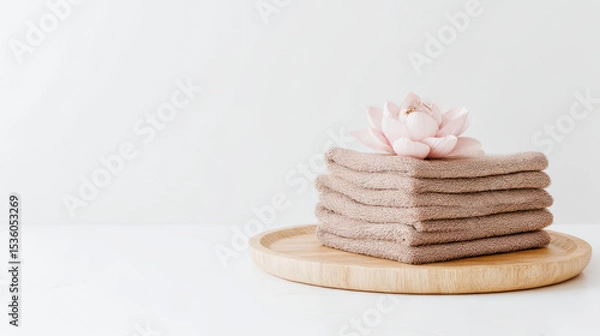 Fototapeta Minimalist Spa Setting with Towels and Lotus Flower on Tray