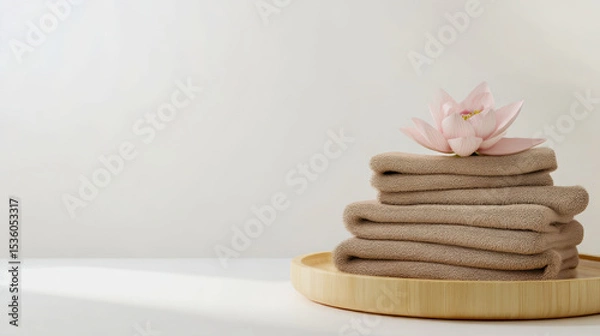 Fototapeta Minimalist Spa Setting with Towels and Lotus Flower on Tray