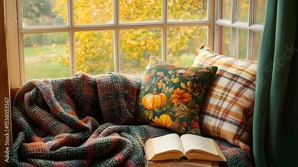 Fototapeta Cozy autumnal window seat with patterned pillows and a plaid blanket.