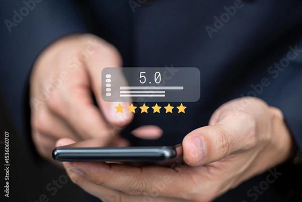 Fototapeta Person using smartphone to give a five star rating online review