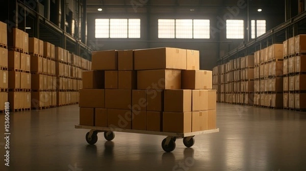 Fototapeta Warehouse Cart Loaded with Cardboard Boxes for Logistics and Distribution
