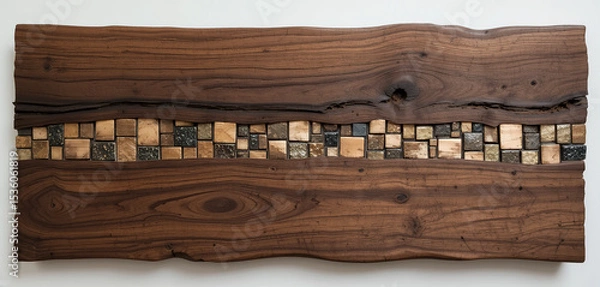 Obraz A wooden panel with embedded stone, and brass tile inlays